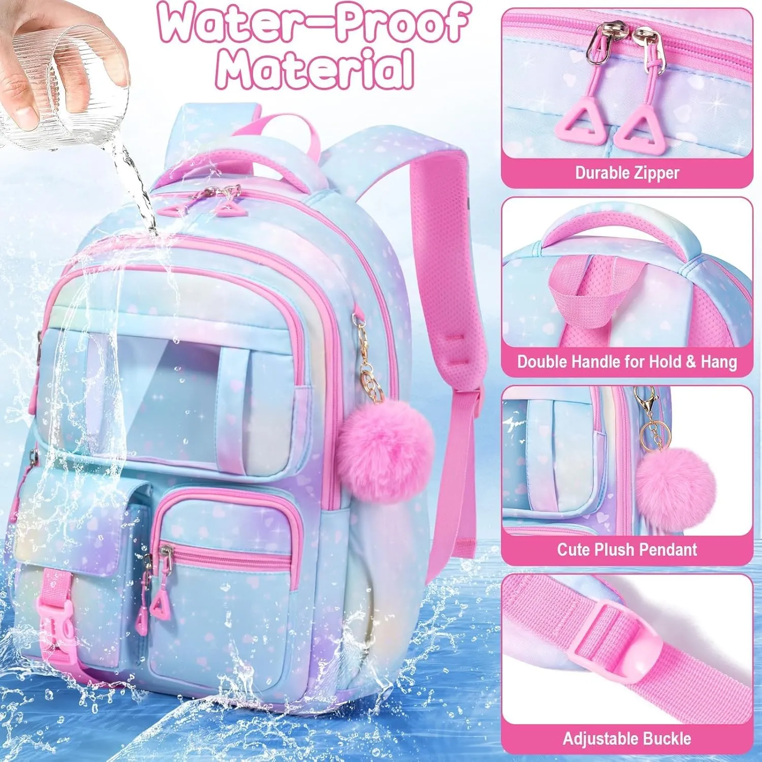 Fimibuke Kids Backpack for School Girls, 3Pcs Waterproof Girls Backpack with Lunch Box & Pencil Pouch - Lightweight School Backpack Blue Bookbag for Ages 6  Elementary Middle School Teens Girls