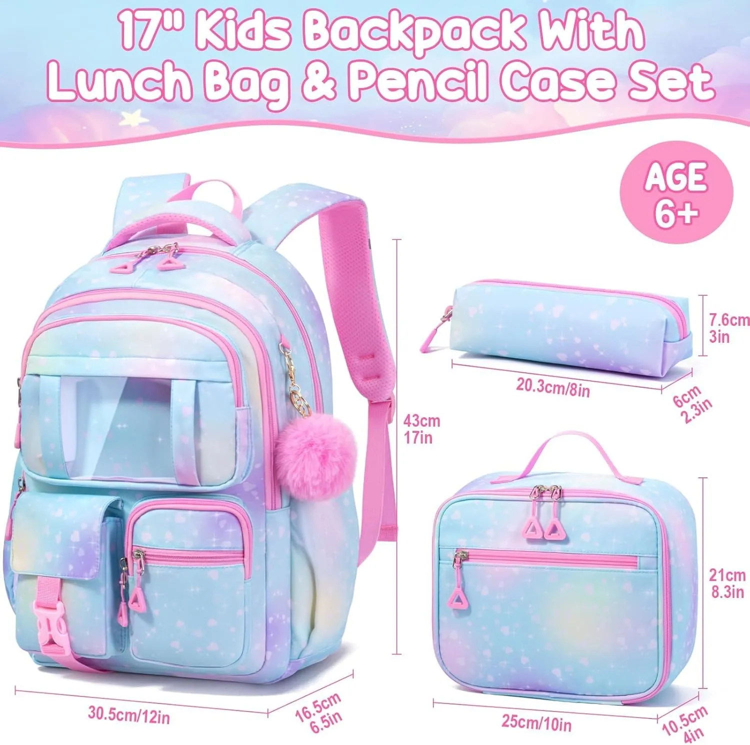 Fimibuke Kids Backpack for School Girls, 3Pcs Waterproof Girls Backpack with Lunch Box & Pencil Pouch - Lightweight School Backpack Blue Bookbag for Ages 6  Elementary Middle School Teens Girls