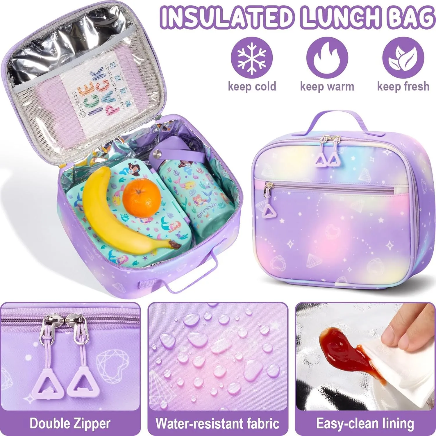 Fimibuke Kids Backpack for School Girls, 3Pcs Waterproof Girls Backpack with Lunch Box & Pencil Pouch - Lightweight School Backpack Blue Bookbag for Ages 6  Elementary Middle School Teens Girls