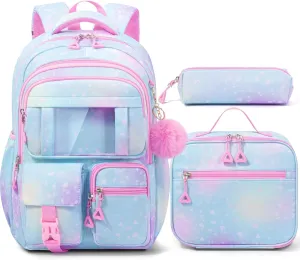 Fimibuke Kids Backpack for School Girls, 3Pcs Waterproof Girls Backpack with Lunch Box & Pencil Pouch - Lightweight School Backpack Blue Bookbag for Ages 6  Elementary Middle School Teens Girls