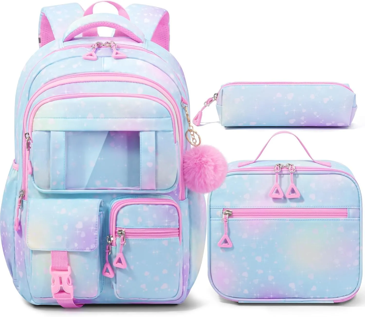 Fimibuke Kids Backpack for School Girls, 3Pcs Waterproof Girls Backpack with Lunch Box & Pencil Pouch - Lightweight School Backpack Blue Bookbag for Ages 6  Elementary Middle School Teens Girls