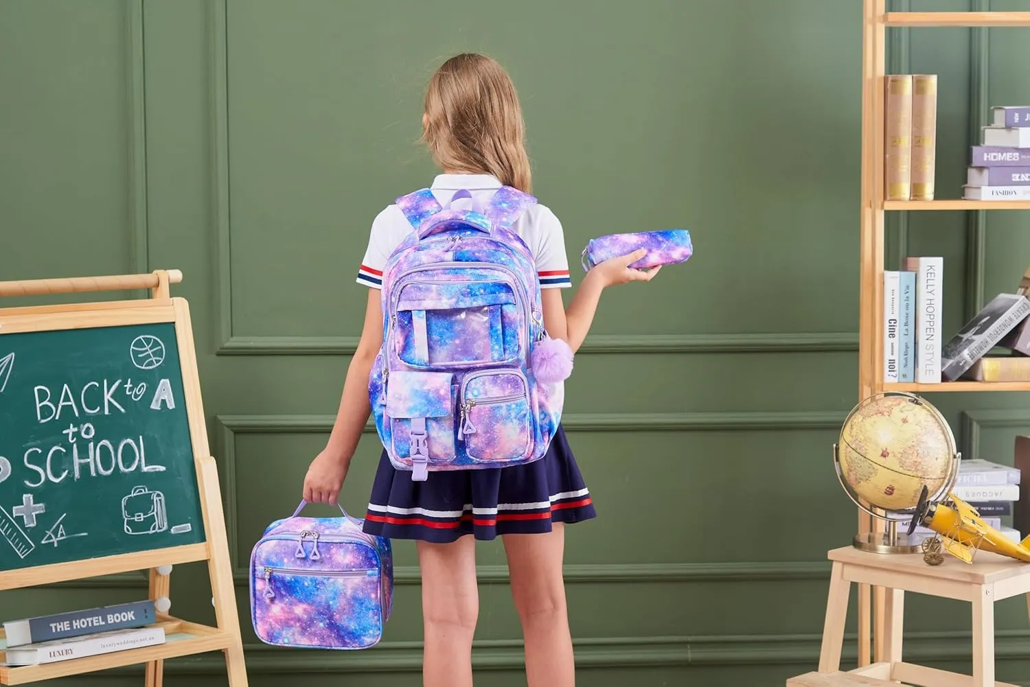 Fimibuke Kids Backpack for School Girls, 3Pcs Waterproof Girls Backpack with Lunch Box & Pencil Pouch - Lightweight School Backpack Blue Bookbag for Ages 6  Elementary Middle School Teens Girls