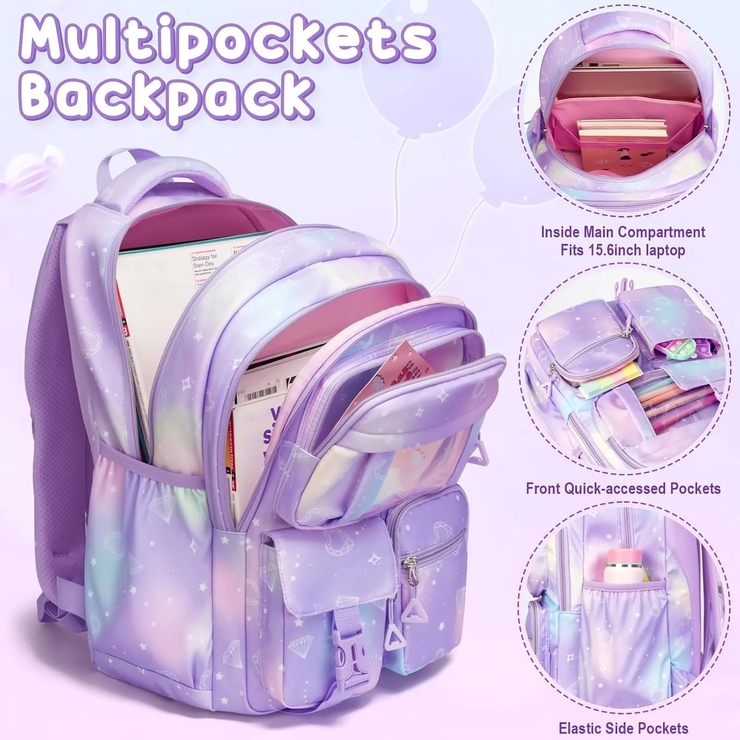 Fimibuke Kids Backpack for School Girls, 3Pcs Waterproof Girls Backpack with Lunch Box & Pencil Pouch - Lightweight School Backpack Blue Bookbag for Ages 6  Elementary Middle School Teens Girls