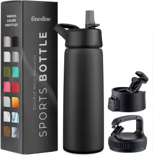 FineDine Triple Walled, Insulated Water Bottles with Straw - 25 Oz Stainless Steel Metal Bottle W/ 3 Leak Proof Lids - For Travel, School, Sports, Gym/Men, Women & Kids - Inky Raven Black