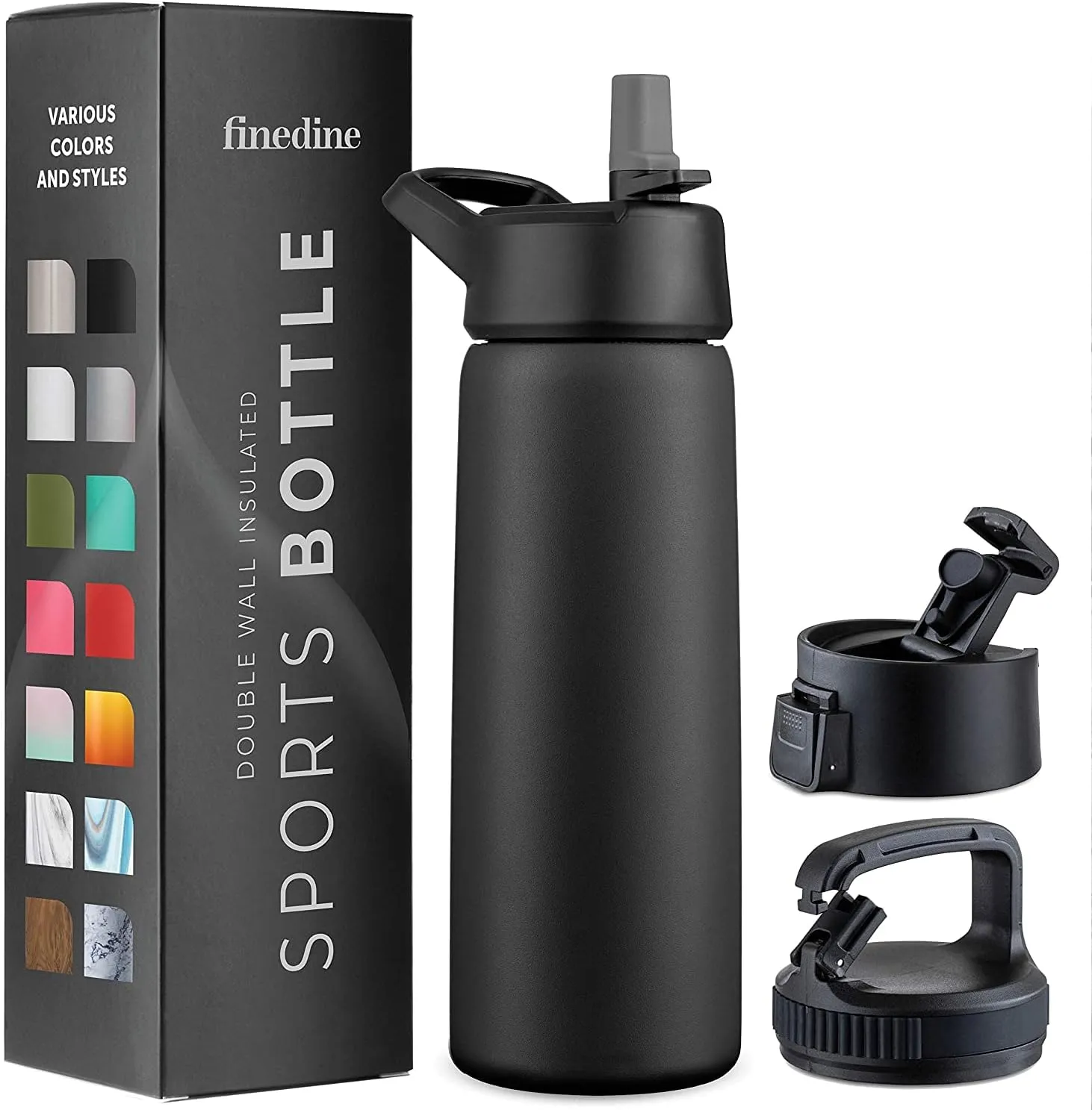 FineDine Triple Walled, Insulated Water Bottles with Straw - 25 Oz Stainless Steel Metal Bottle W/ 3 Leak Proof Lids - For Travel, School, Sports, Gym/Men, Women & Kids - Inky Raven Black