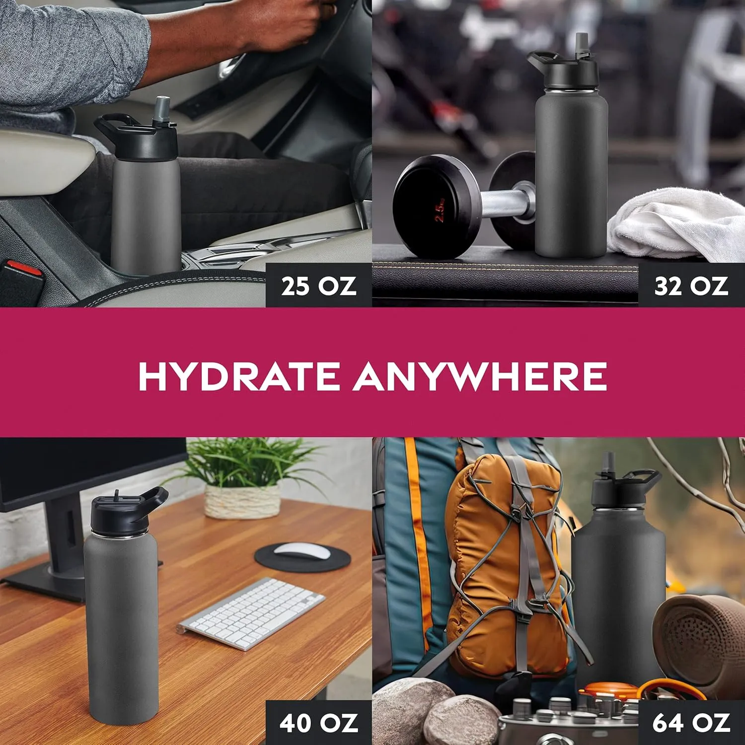 FineDine Triple Walled, Insulated Water Bottles with Straw - 25 Oz Stainless Steel Metal Bottle W/ 3 Leak Proof Lids - For Travel, School, Sports, Gym/Men, Women & Kids - Inky Raven Black