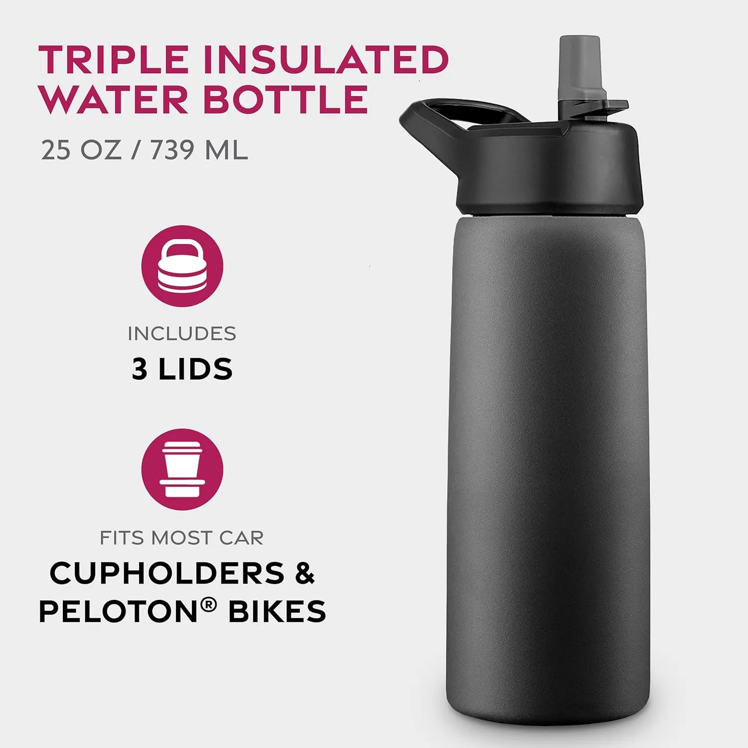 FineDine Triple Walled, Insulated Water Bottles with Straw - 25 Oz Stainless Steel Metal Bottle W/ 3 Leak Proof Lids - For Travel, School, Sports, Gym/Men, Women & Kids - Inky Raven Black