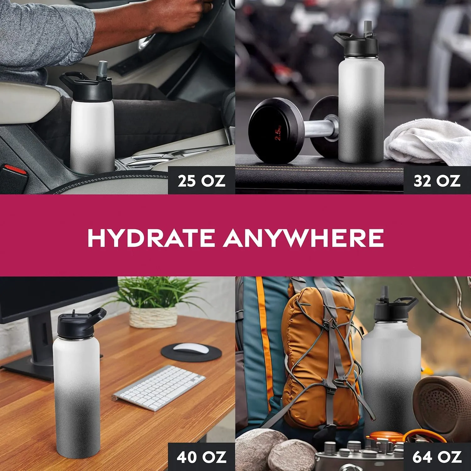 FineDine Water Bottle - Stainless Steel Insulated Water Bottle with Straw Lid, Flip Lid & Wide-Mouth Cap - Keeps Hot and Cold - 25 Oz / 739ml - Dreamy Black-White