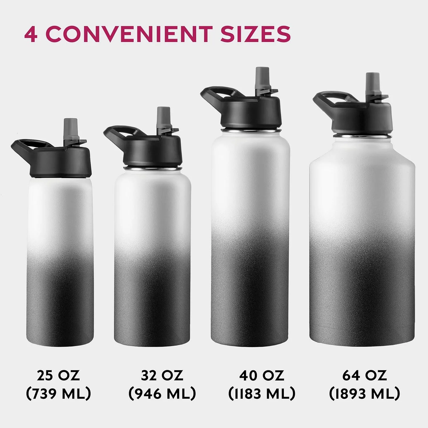 FineDine Water Bottle - Stainless Steel Insulated Water Bottle with Straw Lid, Flip Lid & Wide-Mouth Cap - Keeps Hot and Cold - 25 Oz / 739ml - Dreamy Black-White
