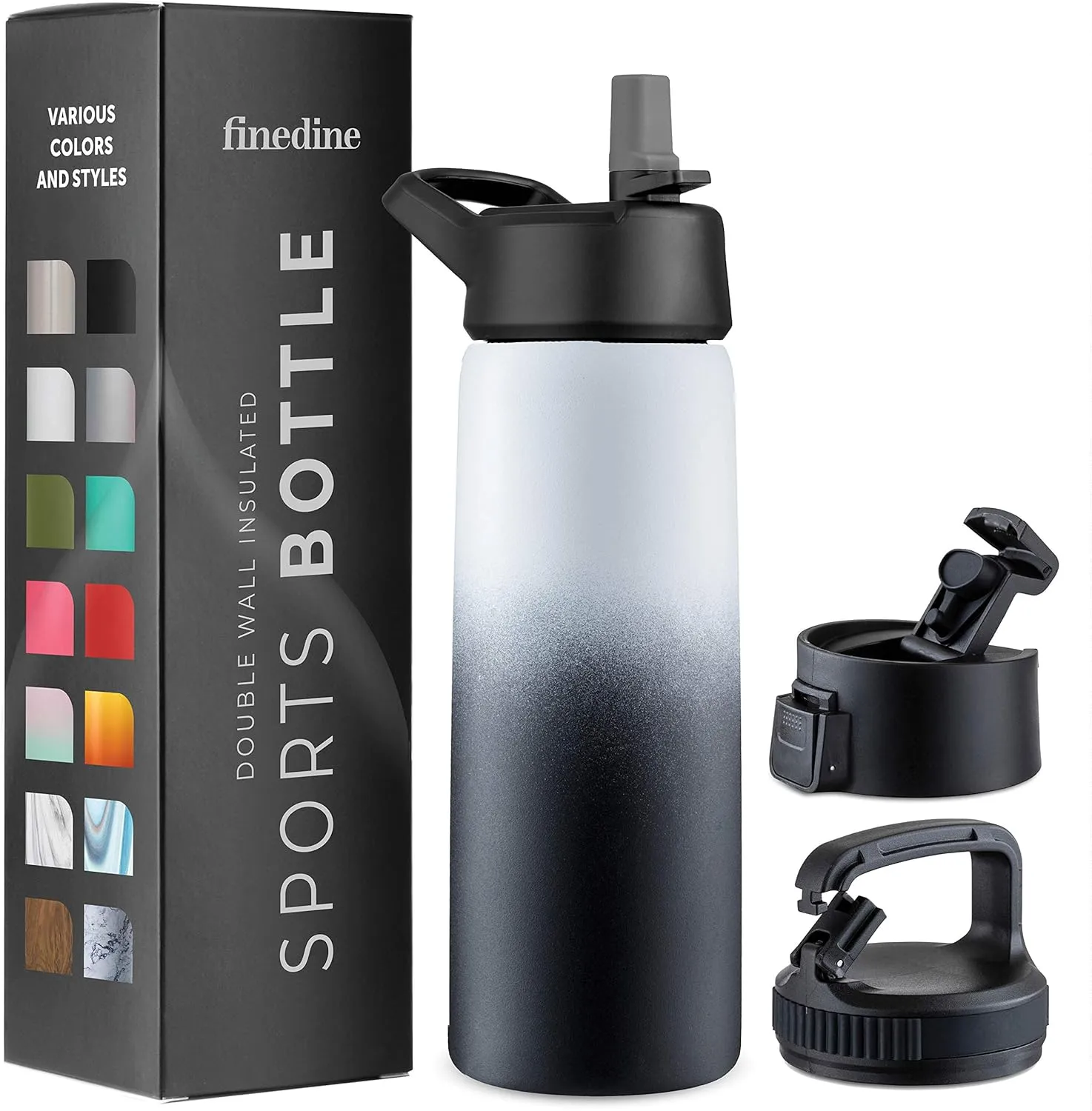 FineDine Water Bottle - Stainless Steel Insulated Water Bottle with Straw Lid, Flip Lid & Wide-Mouth Cap - Keeps Hot and Cold - 25 Oz / 739ml - Dreamy Black-White