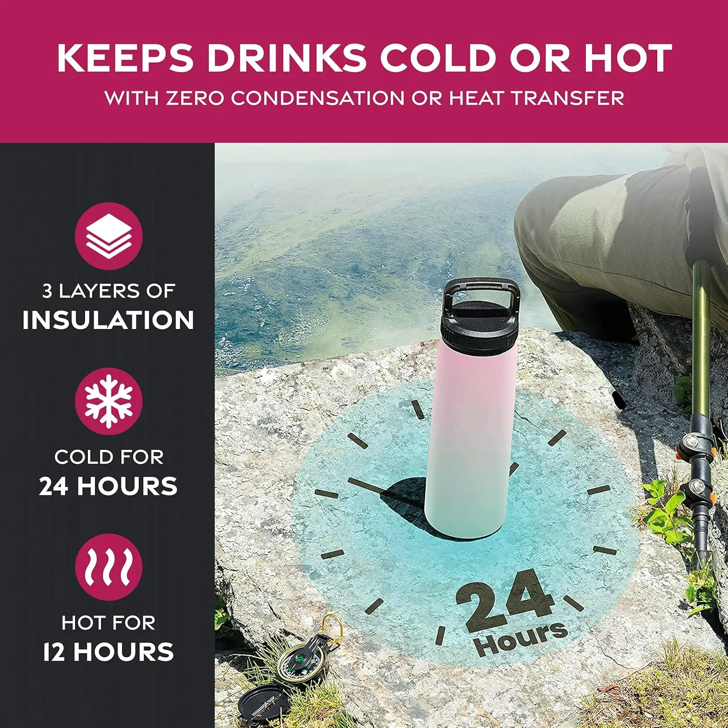 FineDine Water Bottle - Stainless Steel Insulated Water Bottle with Straw Lid, Flip Lid & Wide-Mouth Cap - Keeps Hot and Cold - 25 Oz / 739ml - Dreamy Pink-Green