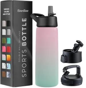 FineDine Water Bottle - Stainless Steel Insulated Water Bottle with Straw Lid, Flip Lid & Wide-Mouth Cap - Keeps Hot and Cold - 25 Oz / 739ml - Dreamy Pink-Green