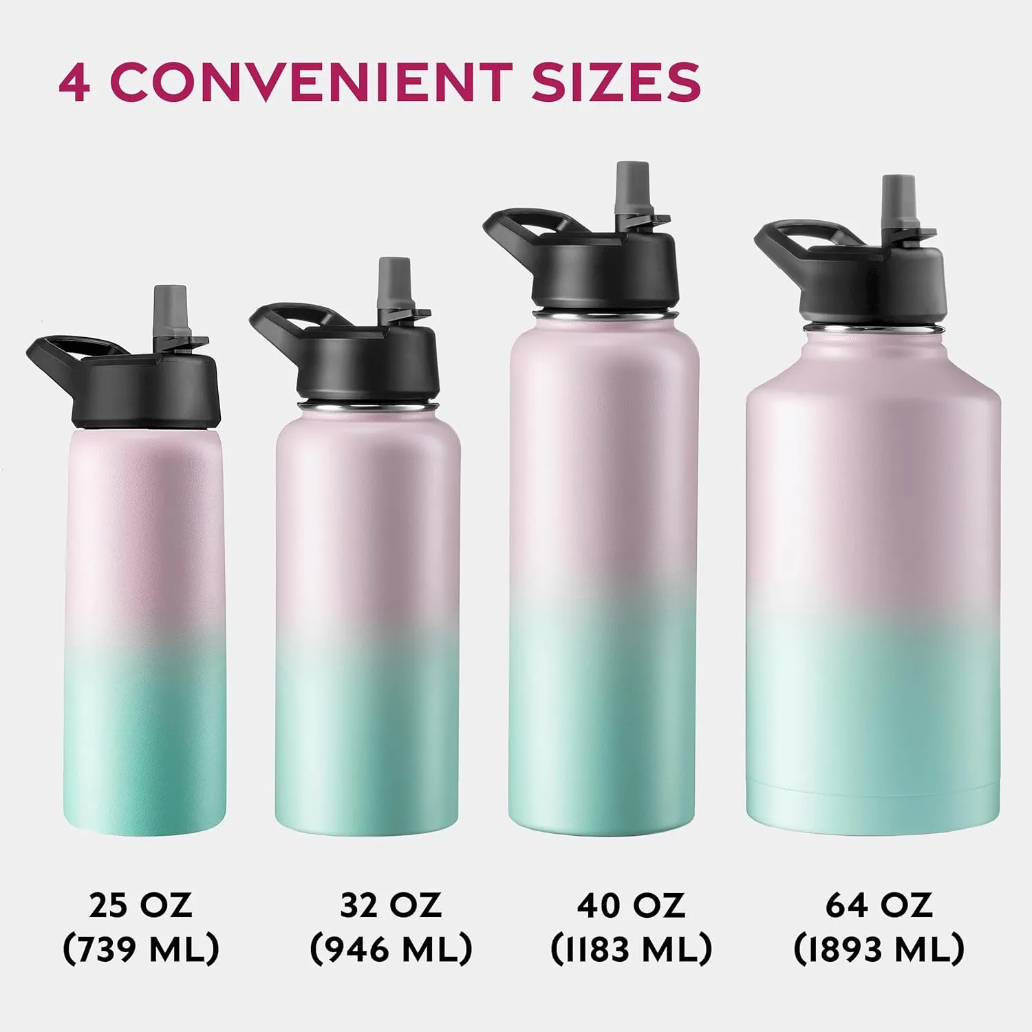 FineDine Water Bottle - Stainless Steel Insulated Water Bottle with Straw Lid, Flip Lid & Wide-Mouth Cap - Keeps Hot and Cold - 25 Oz / 739ml - Dreamy Pink-Green