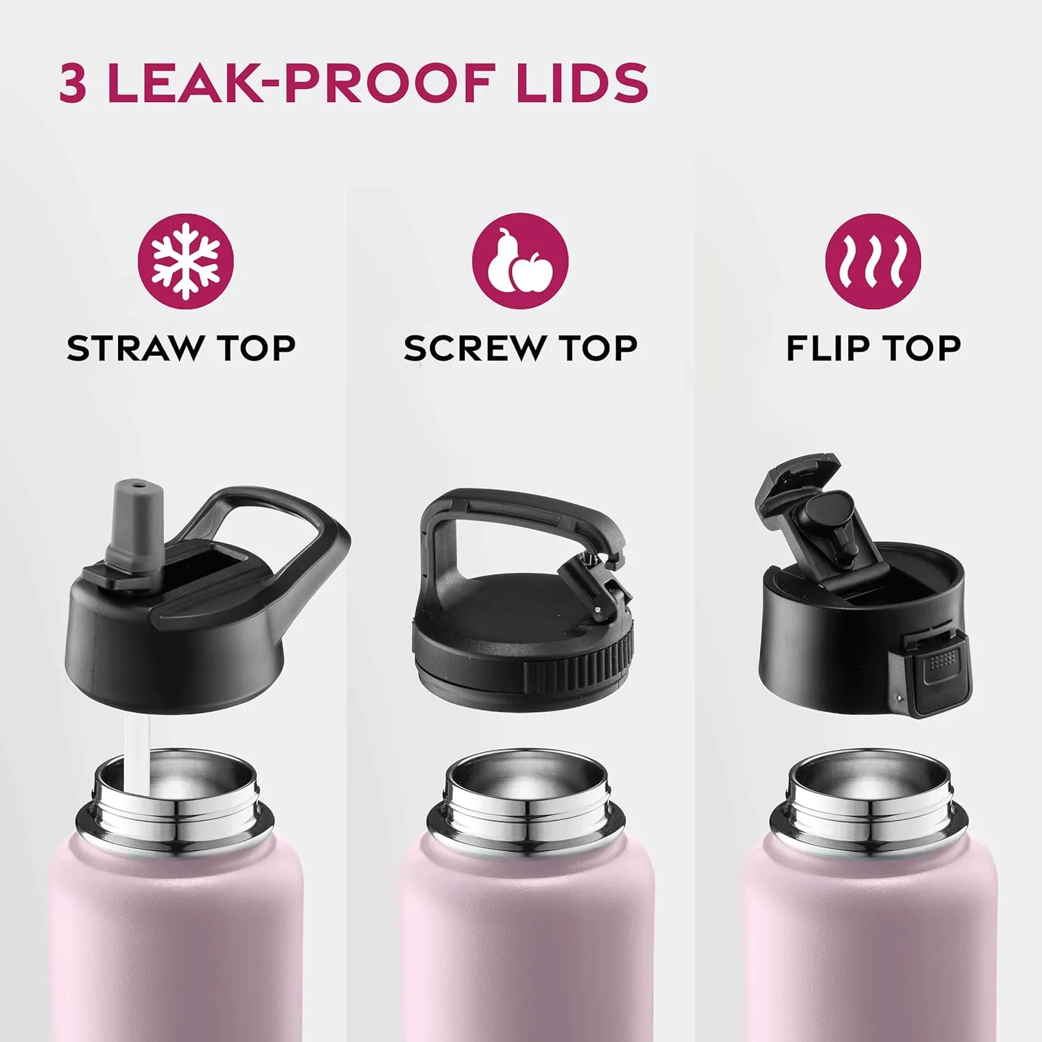 FineDine Water Bottle - Stainless Steel Insulated Water Bottle with Straw Lid, Flip Lid & Wide-Mouth Cap - Keeps Hot and Cold - 25 Oz / 739ml - Dreamy Pink-Green