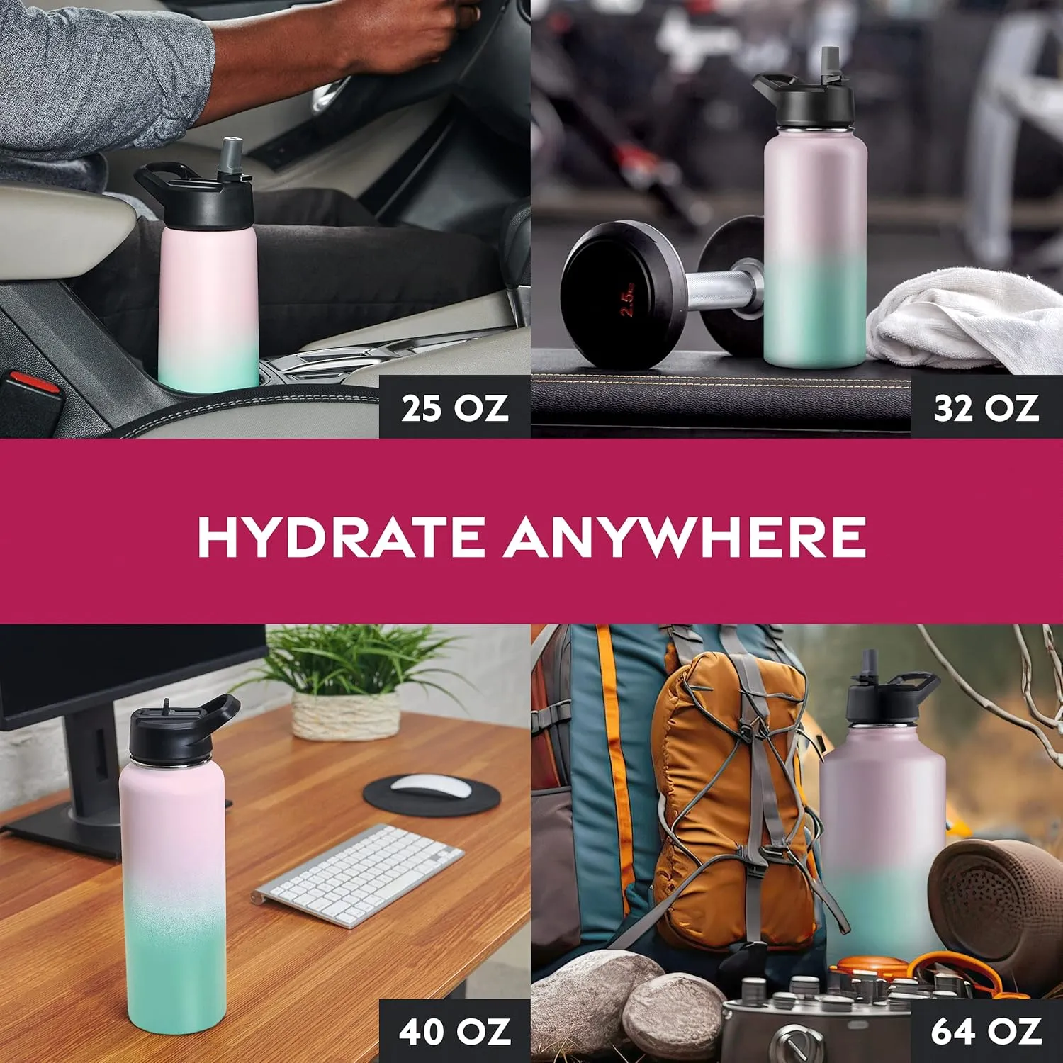 FineDine Water Bottle - Stainless Steel Insulated Water Bottle with Straw Lid, Flip Lid & Wide-Mouth Cap - Keeps Hot and Cold - 25 Oz / 739ml - Dreamy Pink-Green