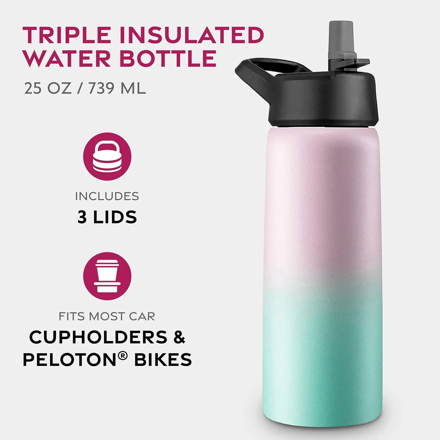 FineDine Water Bottle - Stainless Steel Insulated Water Bottle with Straw Lid, Flip Lid & Wide-Mouth Cap - Keeps Hot and Cold - 25 Oz / 739ml - Dreamy Pink-Green
