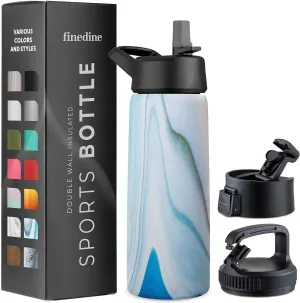 FineDine Water Bottle - Stainless Steel Insulated Water Bottle with Straw Lid, Flip Lid & Wide-Mouth Cap - Keeps Hot and Cold - 25 Oz / 739ml - Exquisite Blue Marble