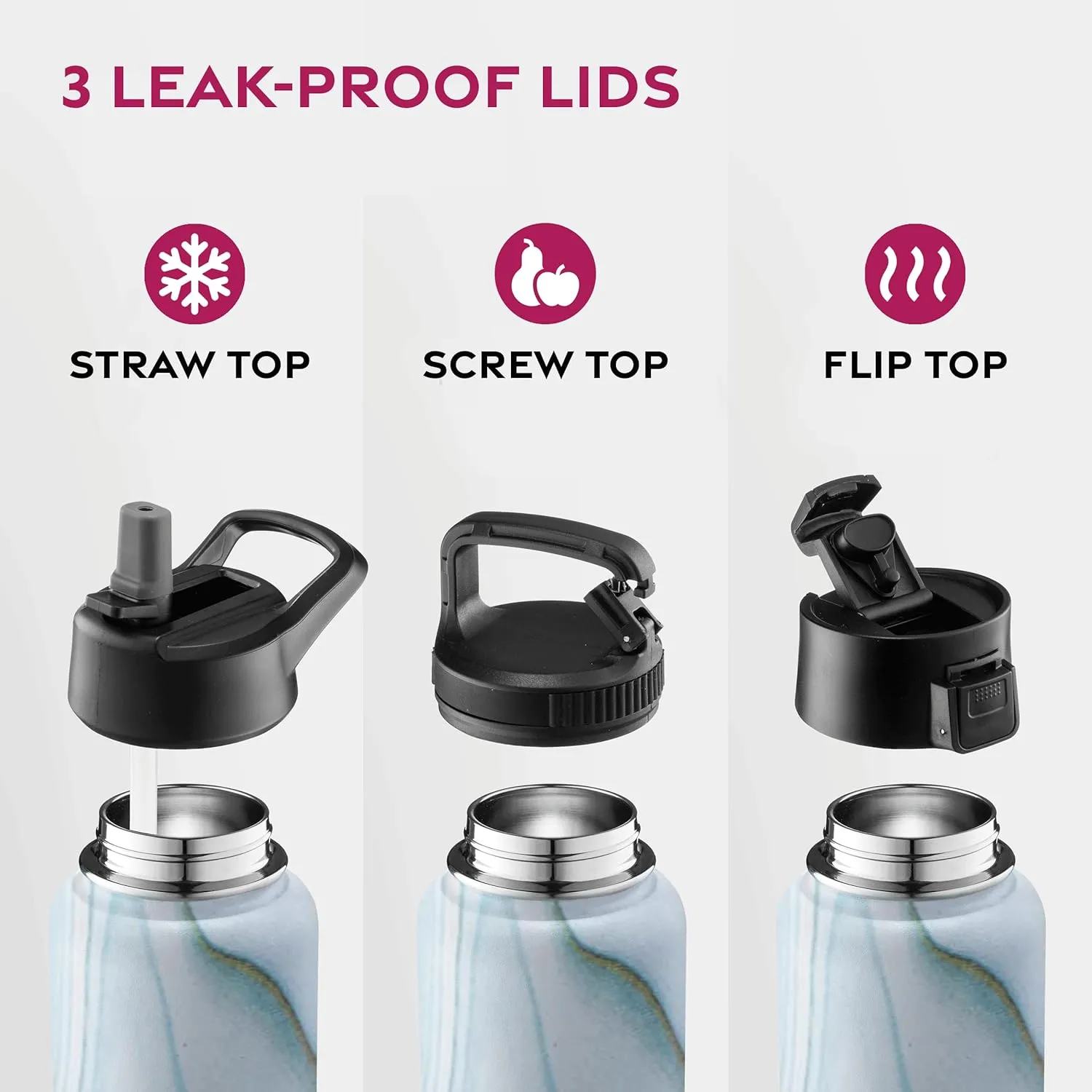 FineDine Water Bottle - Stainless Steel Insulated Water Bottle with Straw Lid, Flip Lid & Wide-Mouth Cap - Keeps Hot and Cold - 25 Oz / 739ml - Exquisite Blue Marble