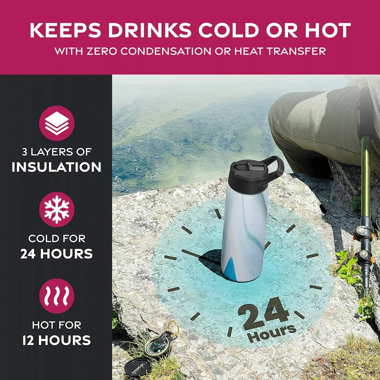 FineDine Water Bottle - Stainless Steel Insulated Water Bottle with Straw Lid, Flip Lid & Wide-Mouth Cap - Keeps Hot and Cold - 25 Oz / 739ml - Exquisite Blue Marble