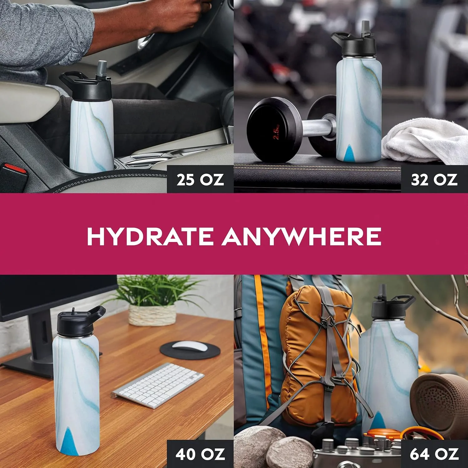 FineDine Water Bottle - Stainless Steel Insulated Water Bottle with Straw Lid, Flip Lid & Wide-Mouth Cap - Keeps Hot and Cold - 25 Oz / 739ml - Exquisite Blue Marble