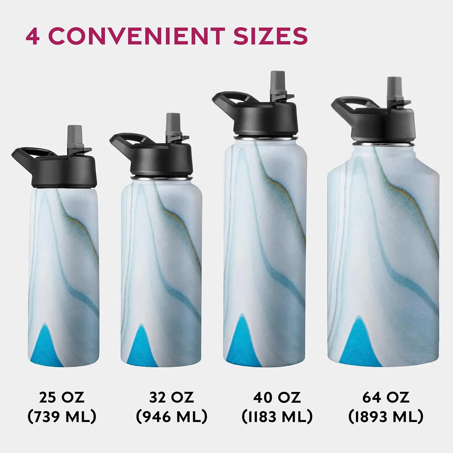 FineDine Water Bottle - Stainless Steel Insulated Water Bottle with Straw Lid, Flip Lid & Wide-Mouth Cap - Keeps Hot and Cold - 25 Oz / 739ml - Exquisite Blue Marble