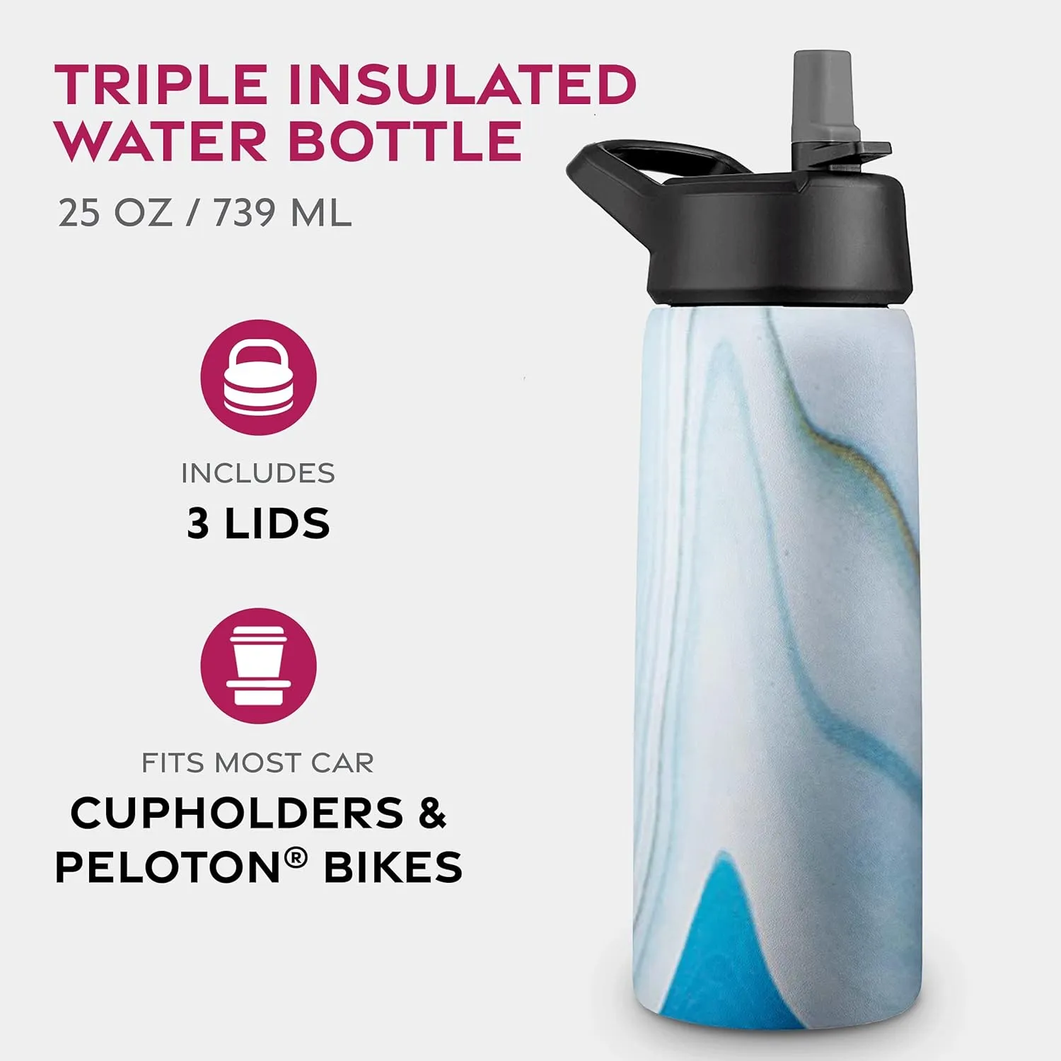 FineDine Water Bottle - Stainless Steel Insulated Water Bottle with Straw Lid, Flip Lid & Wide-Mouth Cap - Keeps Hot and Cold - 25 Oz / 739ml - Exquisite Blue Marble