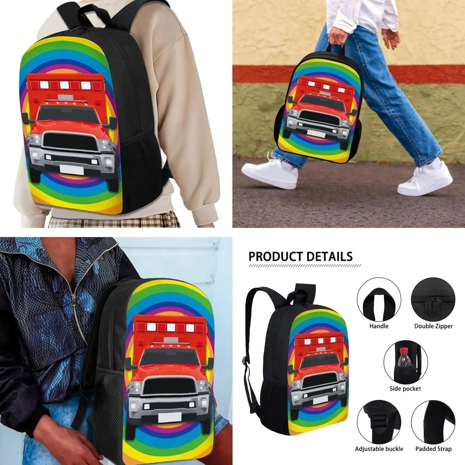 Fire Engine Print Backpacks for Boys Girls 3 in 1 School Bag with Shoulder Bag and Pencil Bag Sturdy Soft Padded Back Lightweight School Bookbag Kids Student Campus Travel