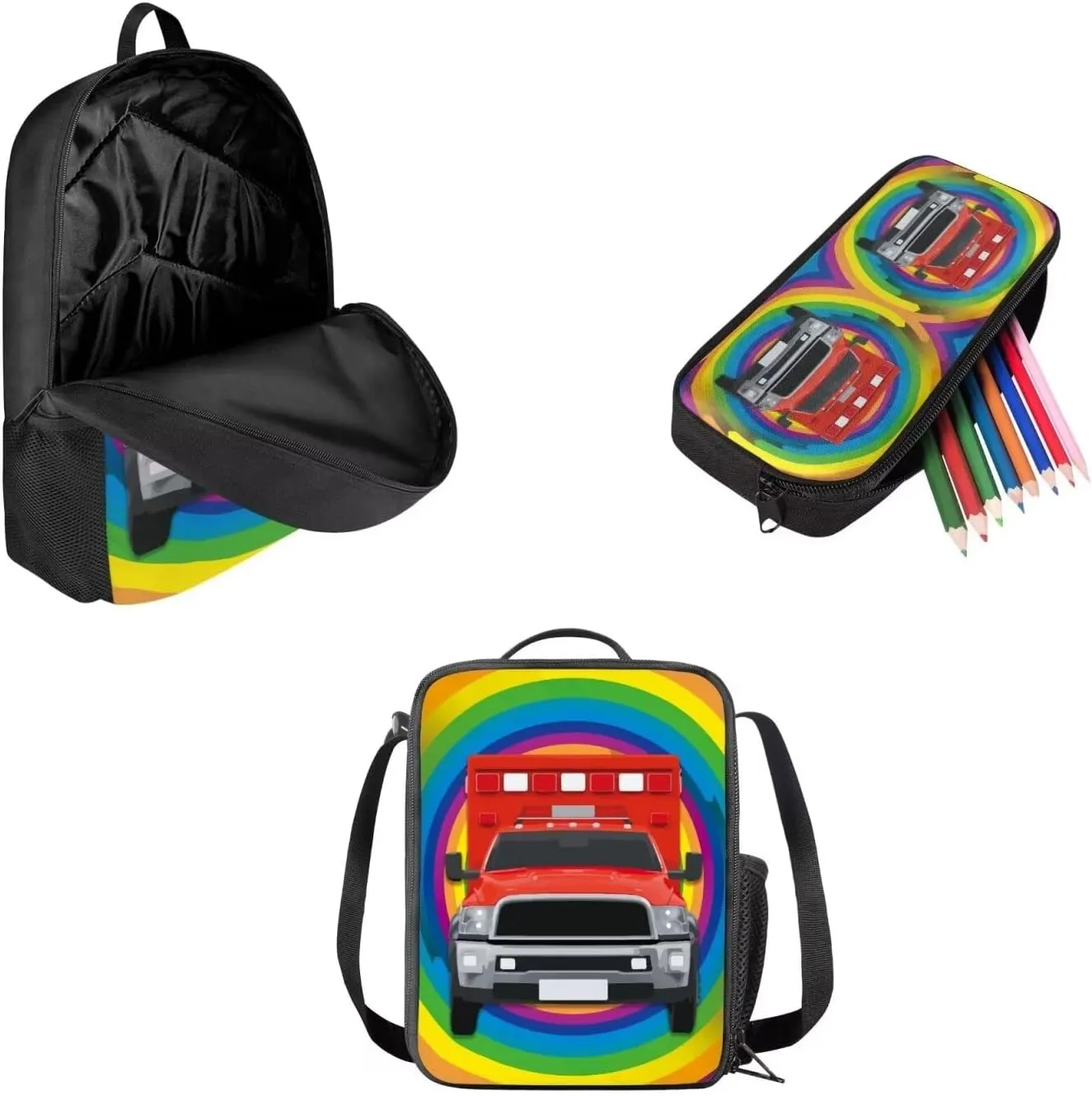 Fire Engine Print Backpacks for Boys Girls 3 in 1 School Bag with Shoulder Bag and Pencil Bag Sturdy Soft Padded Back Lightweight School Bookbag Kids Student Campus Travel