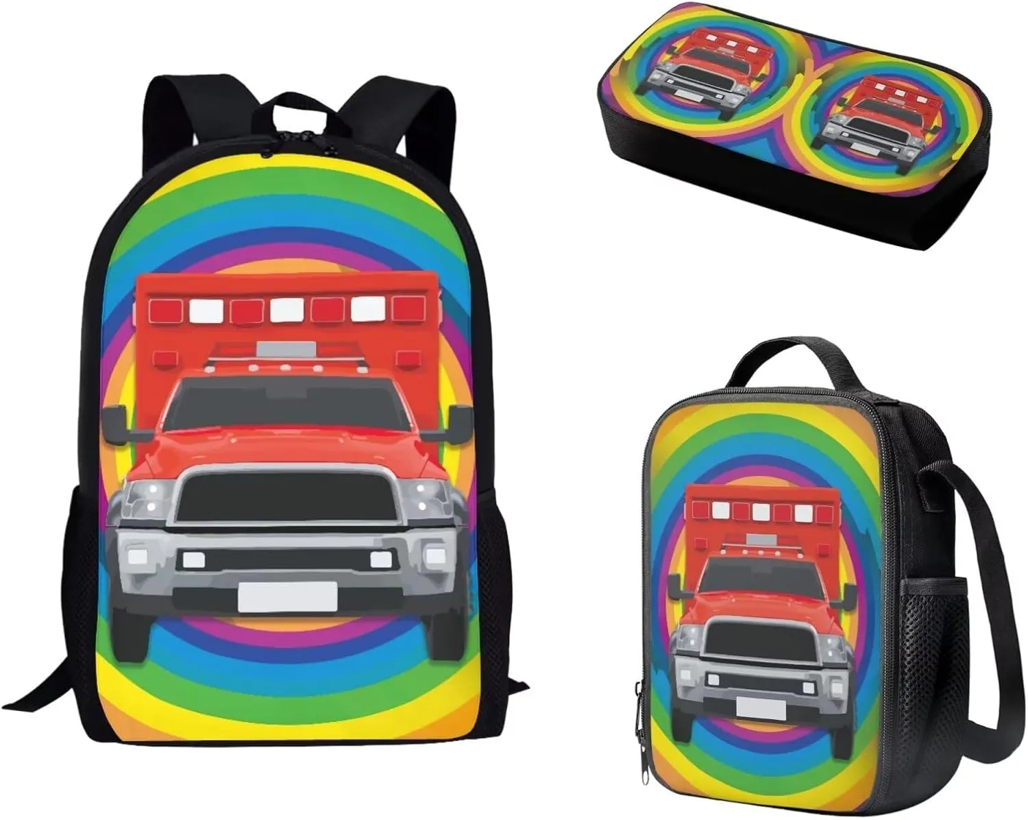 Fire Engine Print Backpacks for Boys Girls 3 in 1 School Bag with Shoulder Bag and Pencil Bag Sturdy Soft Padded Back Lightweight School Bookbag Kids Student Campus Travel