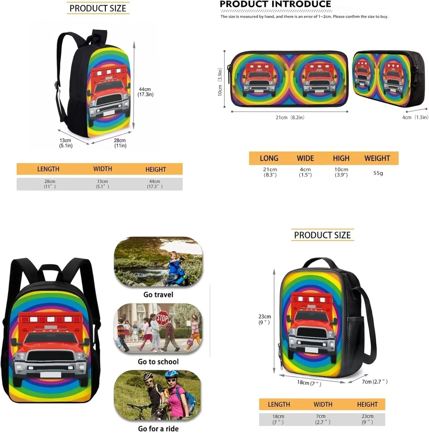 Fire Engine Print Backpacks for Boys Girls 3 in 1 School Bag with Shoulder Bag and Pencil Bag Sturdy Soft Padded Back Lightweight School Bookbag Kids Student Campus Travel
