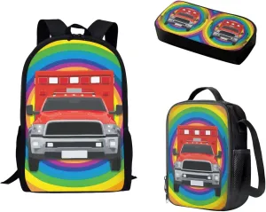 Fire Engine Print Backpacks for Boys Girls 3 in 1 School Bag with Shoulder Bag and Pencil Bag Sturdy Soft Padded Back Lightweight School Bookbag Kids Student Campus Travel