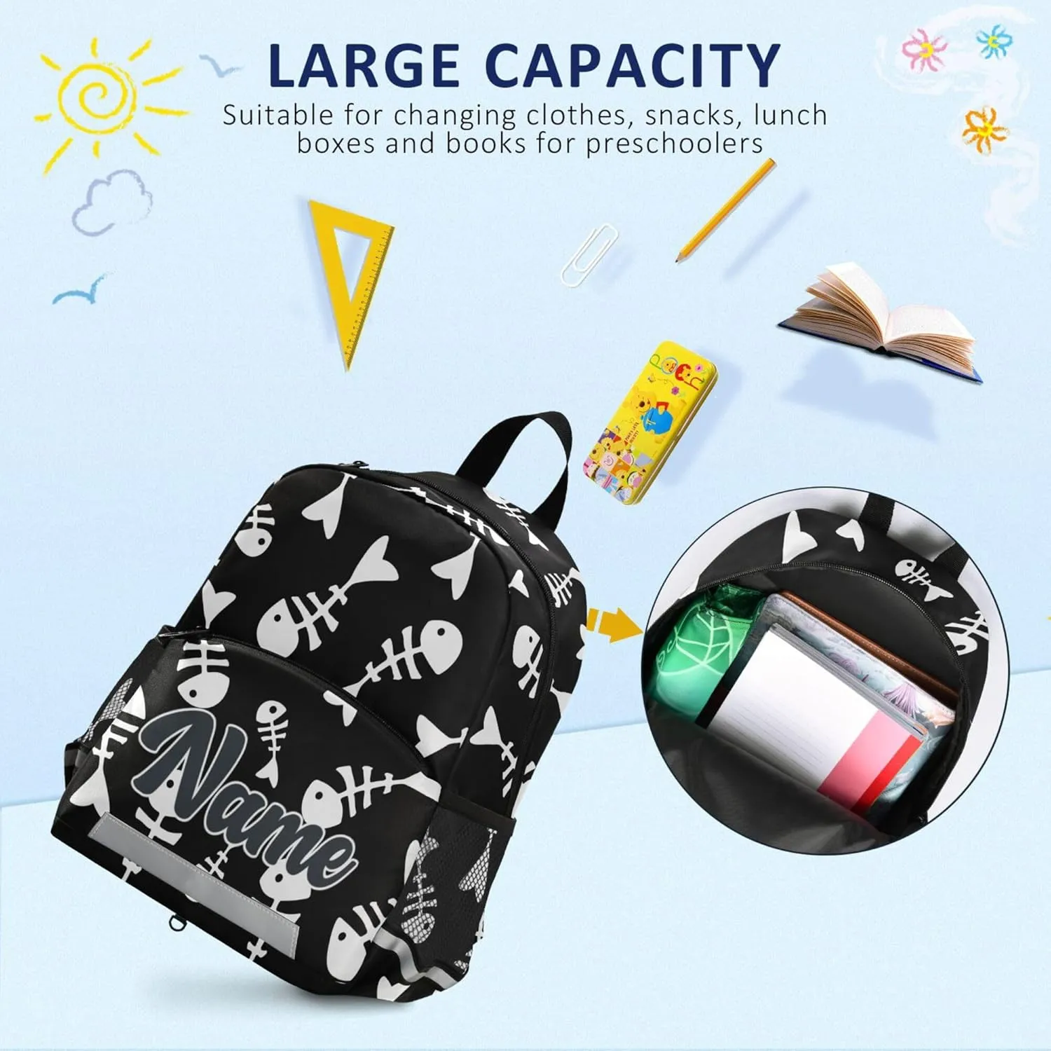 Fisyme Cute Fish Bone Custom Backpack Schoolbag Kids Daypack Toddler Travel School Bag Small Backpacks for Kindergarten Preschool Nursery Boys Girl