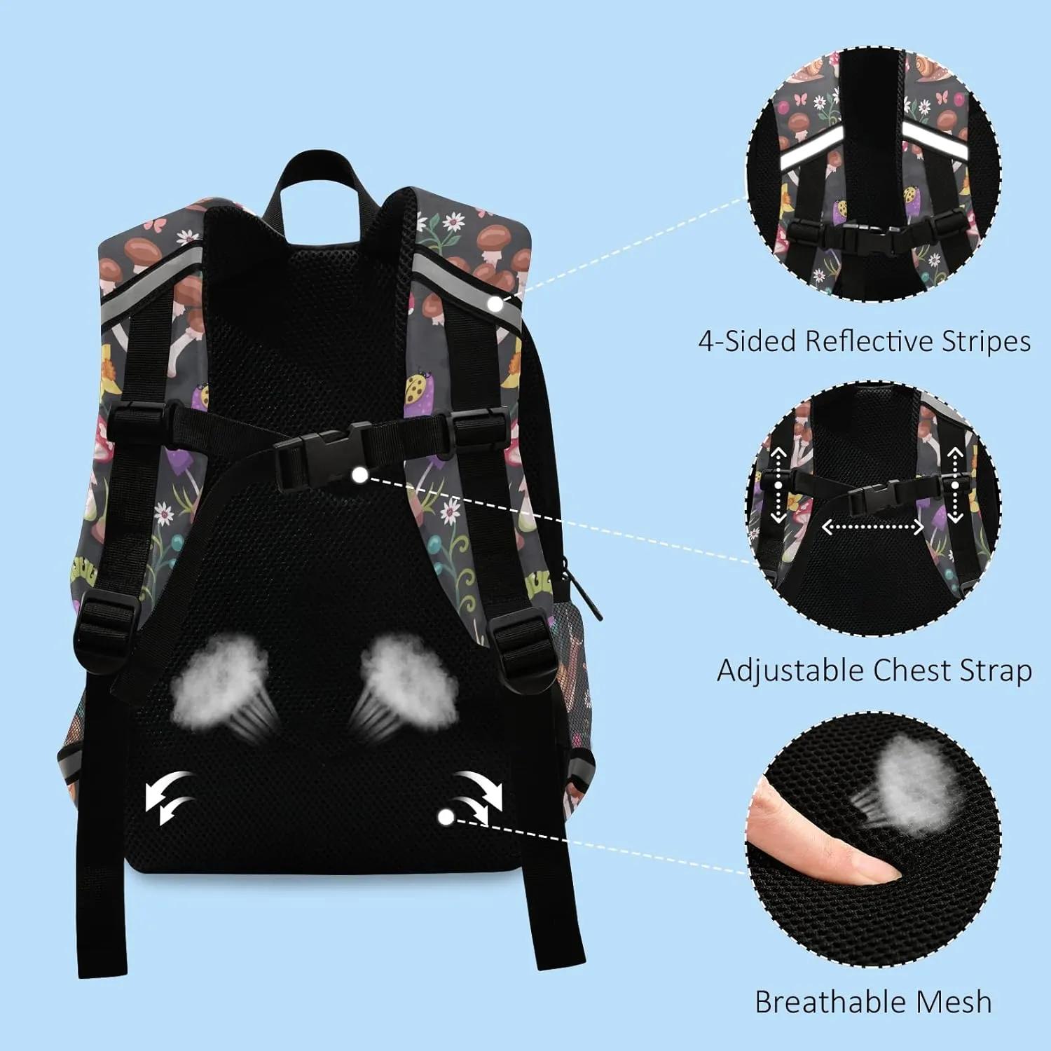 Fisyme Forest Mushrooms Snails Backpack Schoolbag Kids Daypack Toddler Travel School Bag Small Mini Backpacks for Kindergarten Preschool Nursery Children Boys Girls with Chest Strap