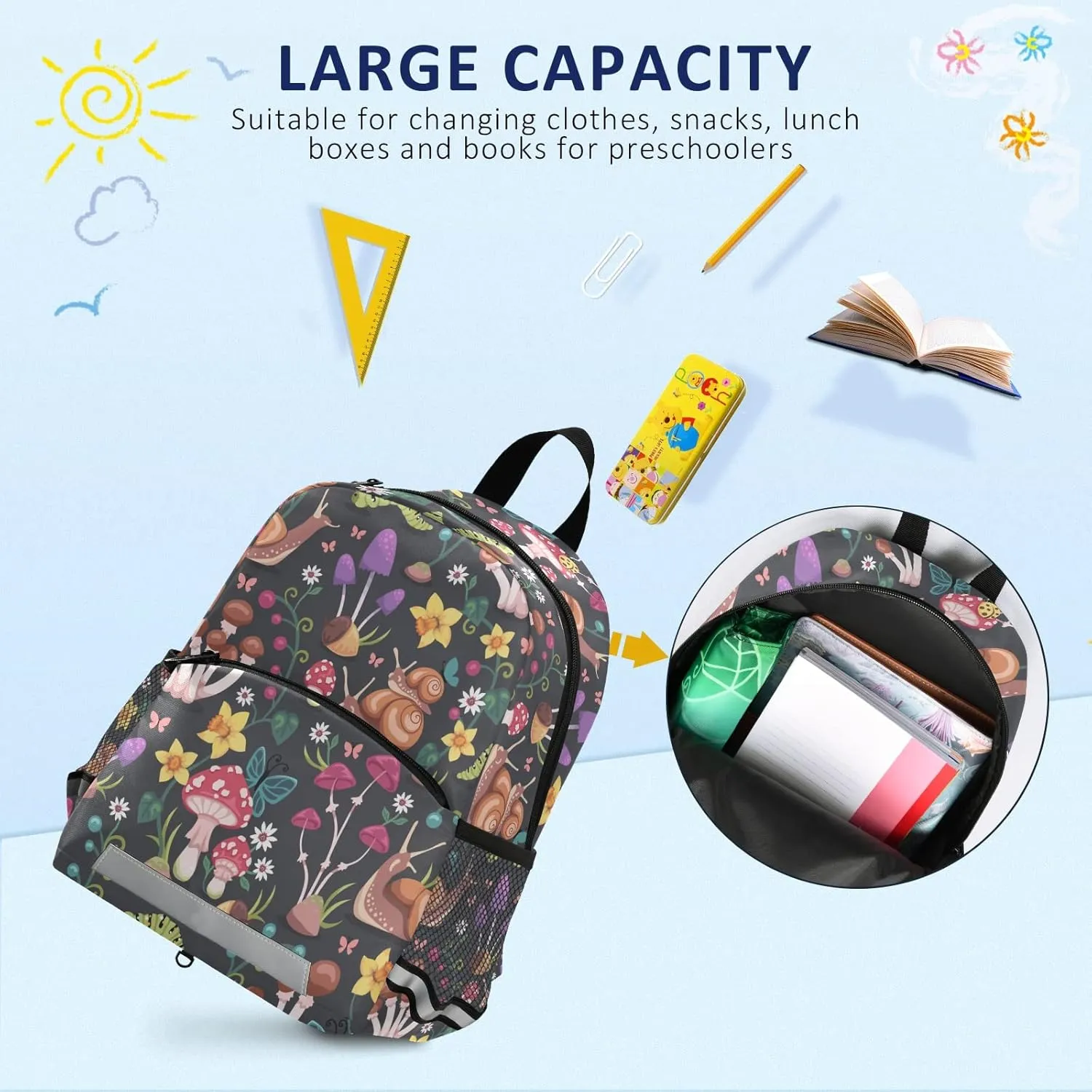 Fisyme Forest Mushrooms Snails Backpack Schoolbag Kids Daypack Toddler Travel School Bag Small Mini Backpacks for Kindergarten Preschool Nursery Children Boys Girls with Chest Strap