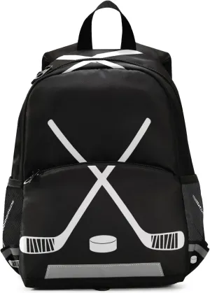 Fisyme Hockey Stick Puck Black Backpack Schoolbag Kids Daypack Toddler Travel School Bag Small Mini Backpacks for Kindergarten Preschool Nursery Children Boys Girls with Chest Strap