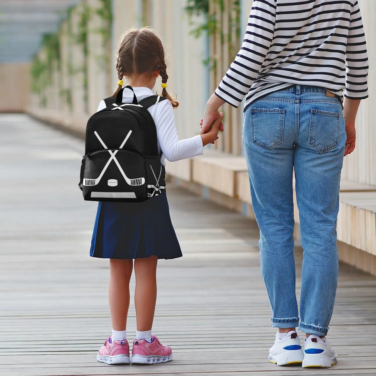 Fisyme Hockey Stick Puck Black Backpack Schoolbag Kids Daypack Toddler Travel School Bag Small Mini Backpacks for Kindergarten Preschool Nursery Children Boys Girls with Chest Strap
