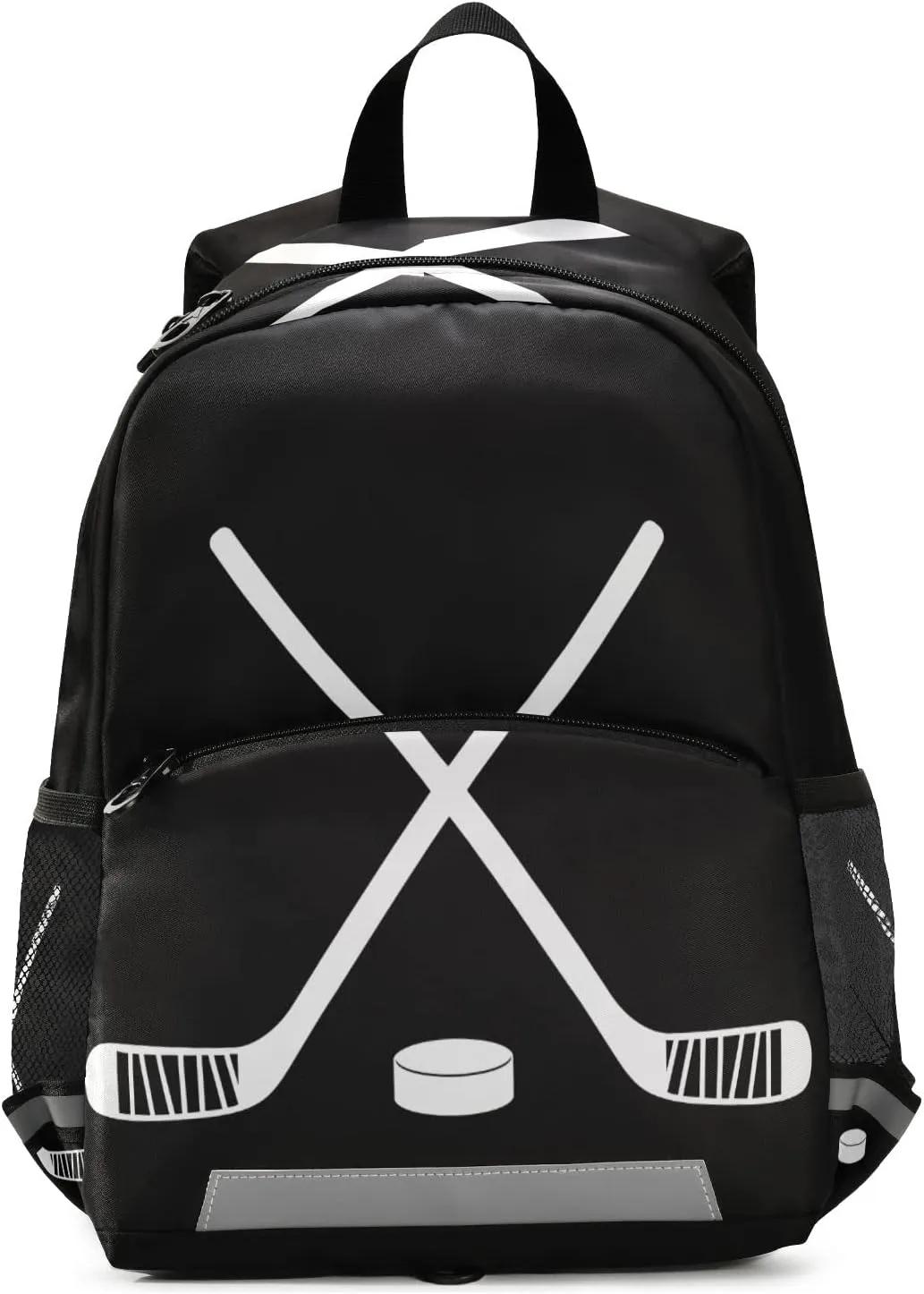 Fisyme Hockey Stick Puck Black Backpack Schoolbag Kids Daypack Toddler Travel School Bag Small Mini Backpacks for Kindergarten Preschool Nursery Children Boys Girls with Chest Strap