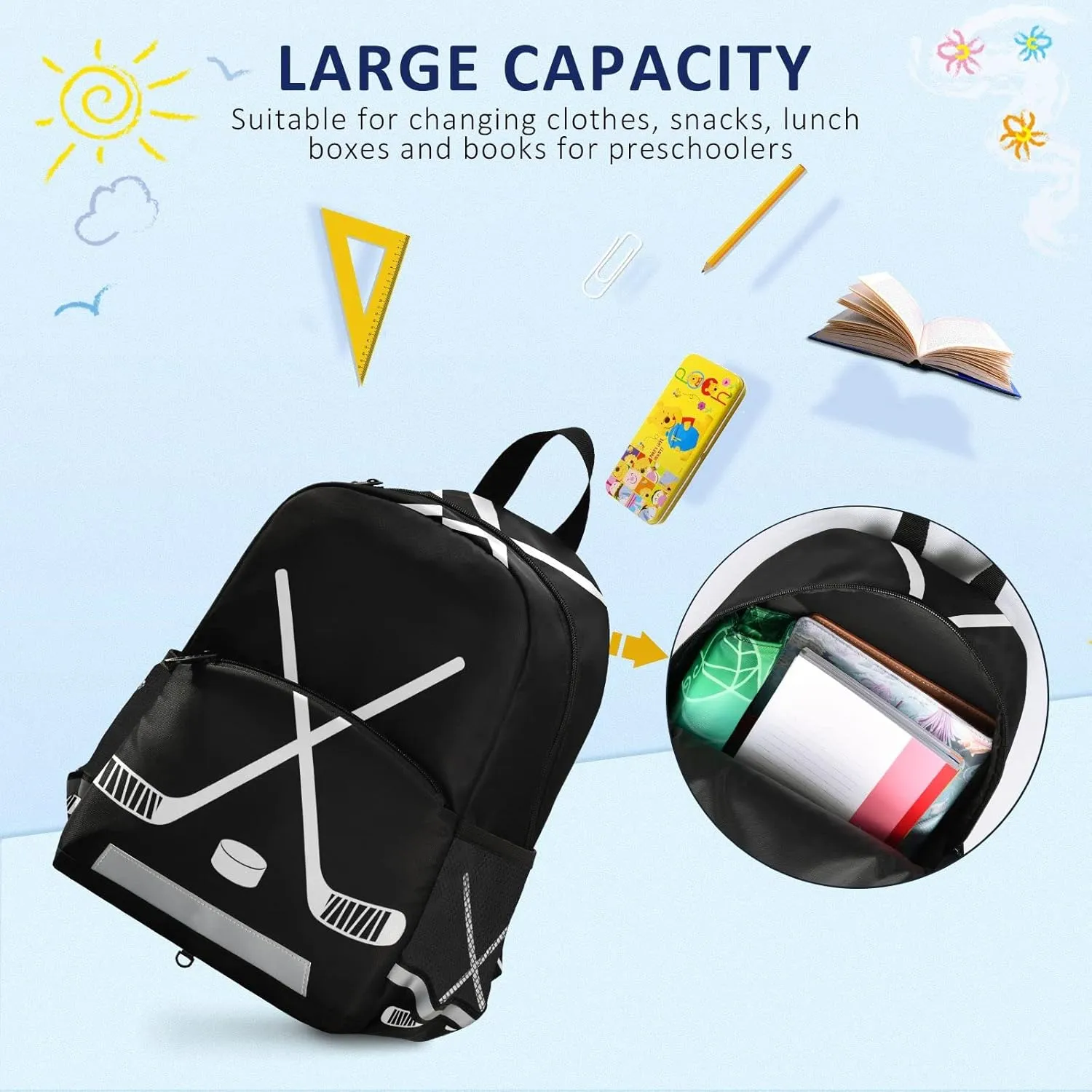 Fisyme Hockey Stick Puck Black Backpack Schoolbag Kids Daypack Toddler Travel School Bag Small Mini Backpacks for Kindergarten Preschool Nursery Children Boys Girls with Chest Strap