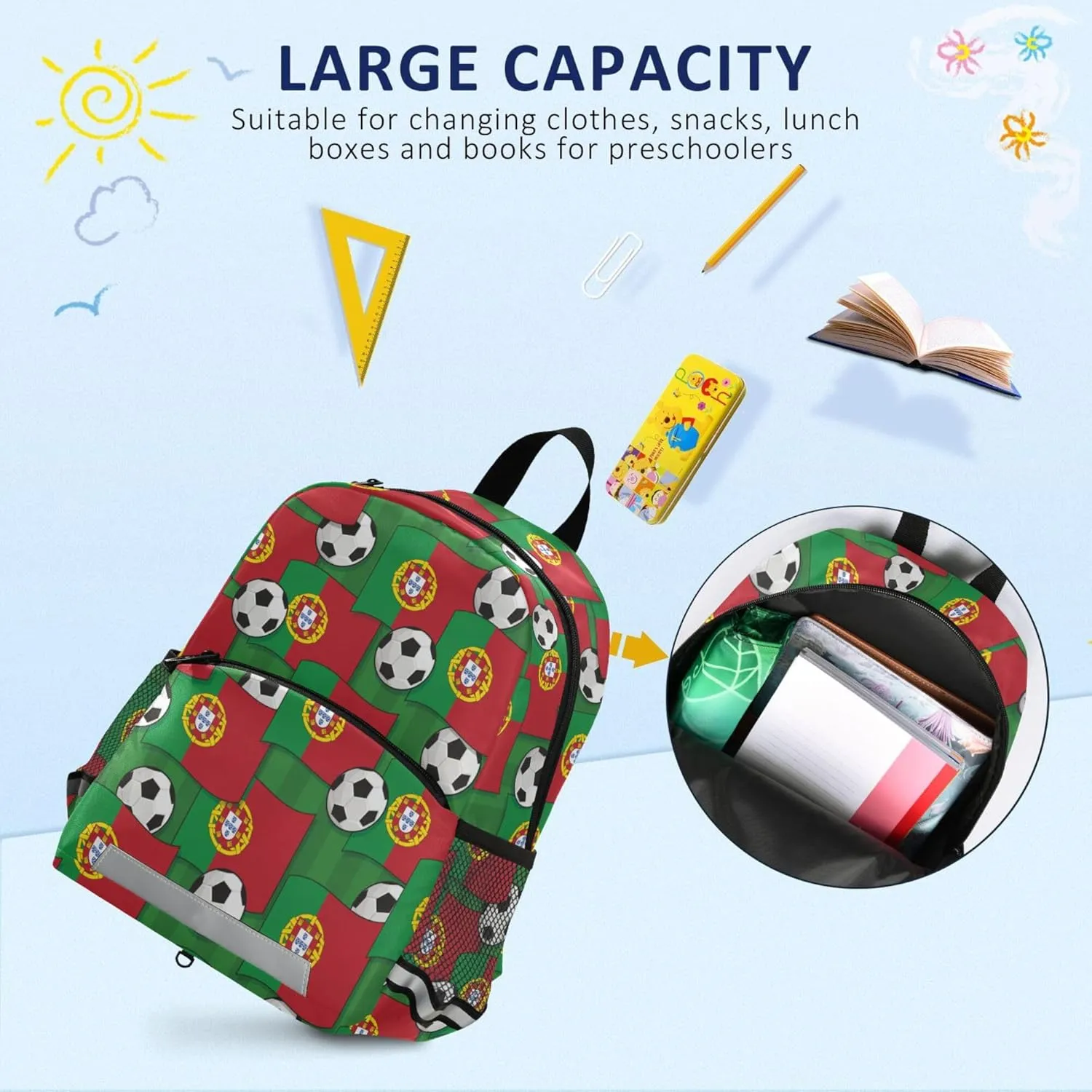 Fisyme Portugal Flags Soccer Backpack Schoolbag Kids Daypack Toddler Travel School Bag Small Mini Backpacks for Kindergarten Preschool Nursery Boys Girls