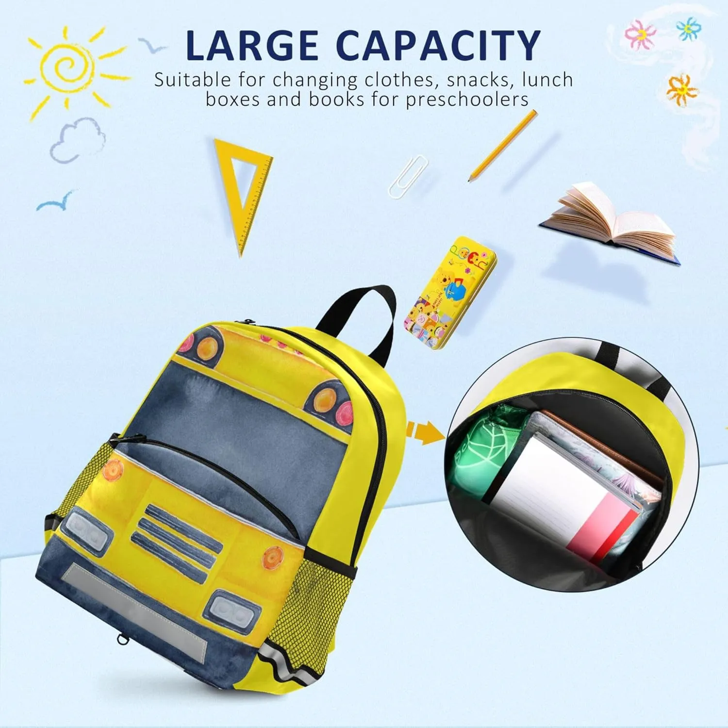Fisyme Yellow School Bus Backpack Schoolbag Kids Daypack Toddler Travel School Bag Small Mini Backpacks for Kindergarten Preschool Nursery Boys Girls