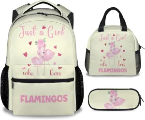 Flamingo Backpack with Lunch Box Set for Girls - 3 in 1 Primary Middle School Backpacks Matching Combo - Large Capacity, Durable, Lightweight, Yellow Bookbag and Pencil Case Bundle