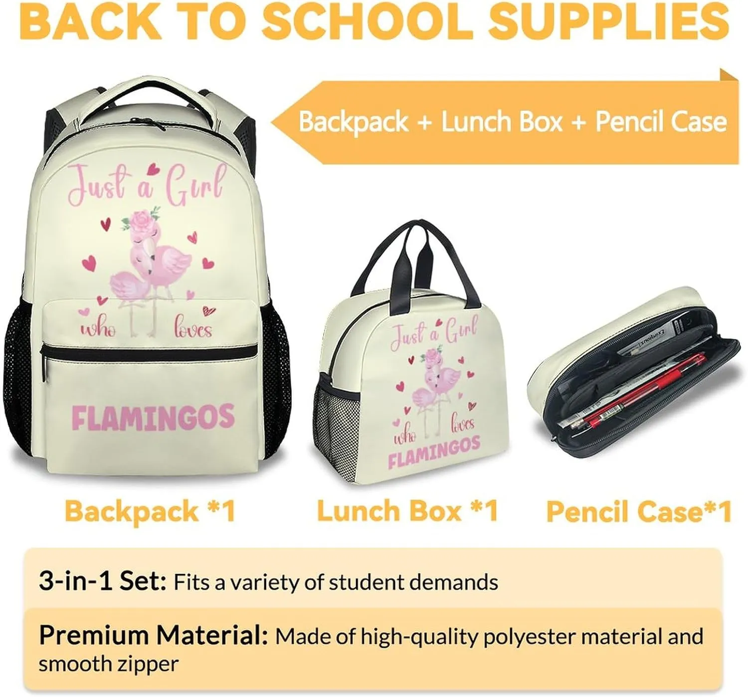 Flamingo Backpack with Lunch Box Set for Girls - 3 in 1 Primary Middle School Backpacks Matching Combo - Large Capacity, Durable, Lightweight, Yellow Bookbag and Pencil Case Bundle