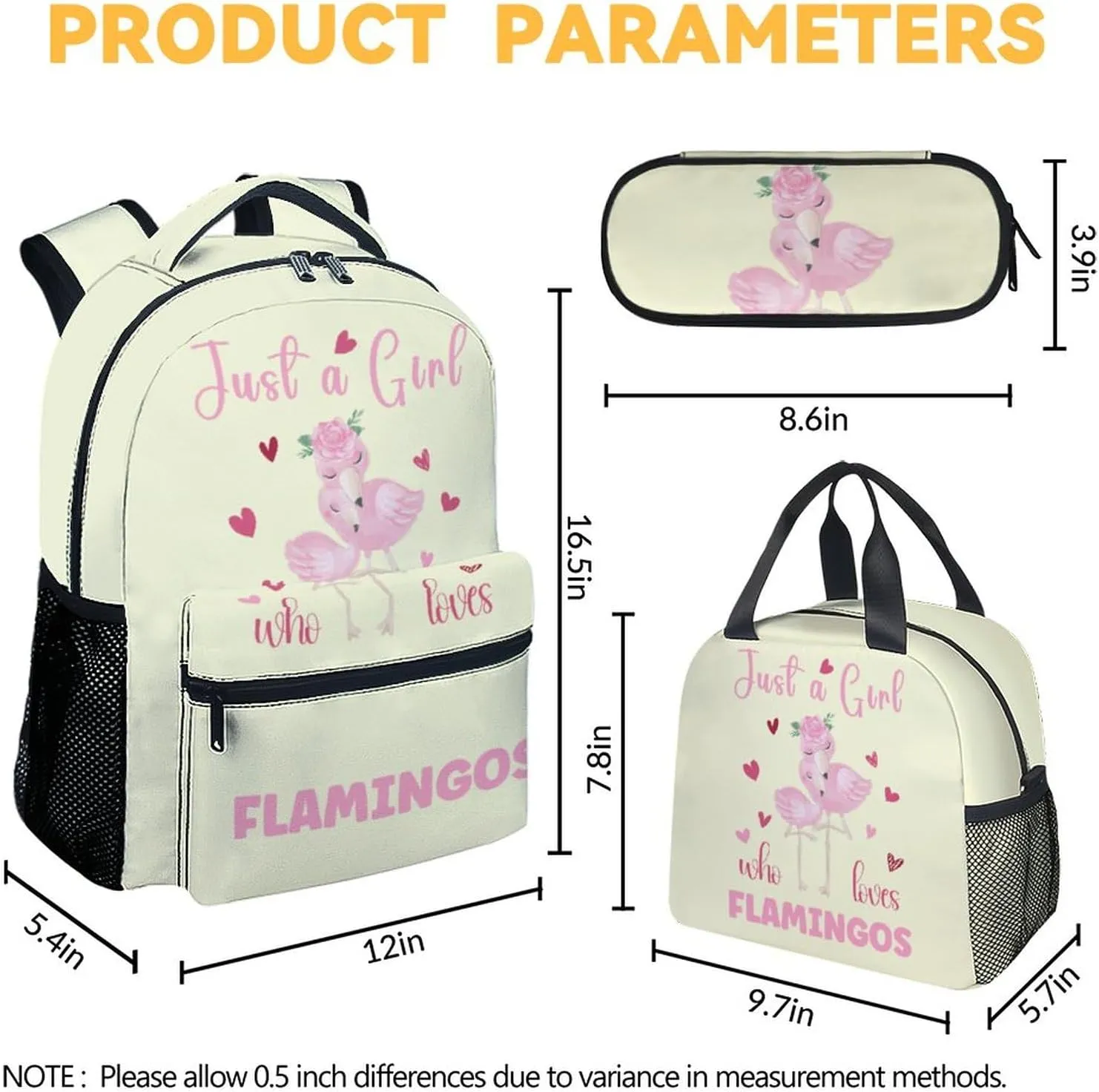 Flamingo Backpack with Lunch Box Set for Girls - 3 in 1 Primary Middle School Backpacks Matching Combo - Large Capacity, Durable, Lightweight, Yellow Bookbag and Pencil Case Bundle