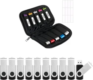 Flash Drive Case USB Storage Case with 16GB Thumb Drives 10 Pack, Portable Travel Electronics Bag USB Memory Stick Holder Computer Accessories Small Carrying Case with 12 Flash Drive Labels