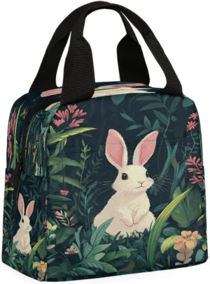 Flower Bunny Insulated Lunch Bag Fern Rabbit Reusable Lunch Box Leakproof Thermal Cooler Lunch Tote Bags for Kids Girls Boys School Work Travel Picnic