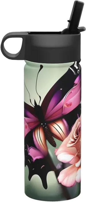 Flower Rose Butterfly Print Flask Stainless Steel Water Bottle with Straw 18OZ FOR Outdoor Gym Commute