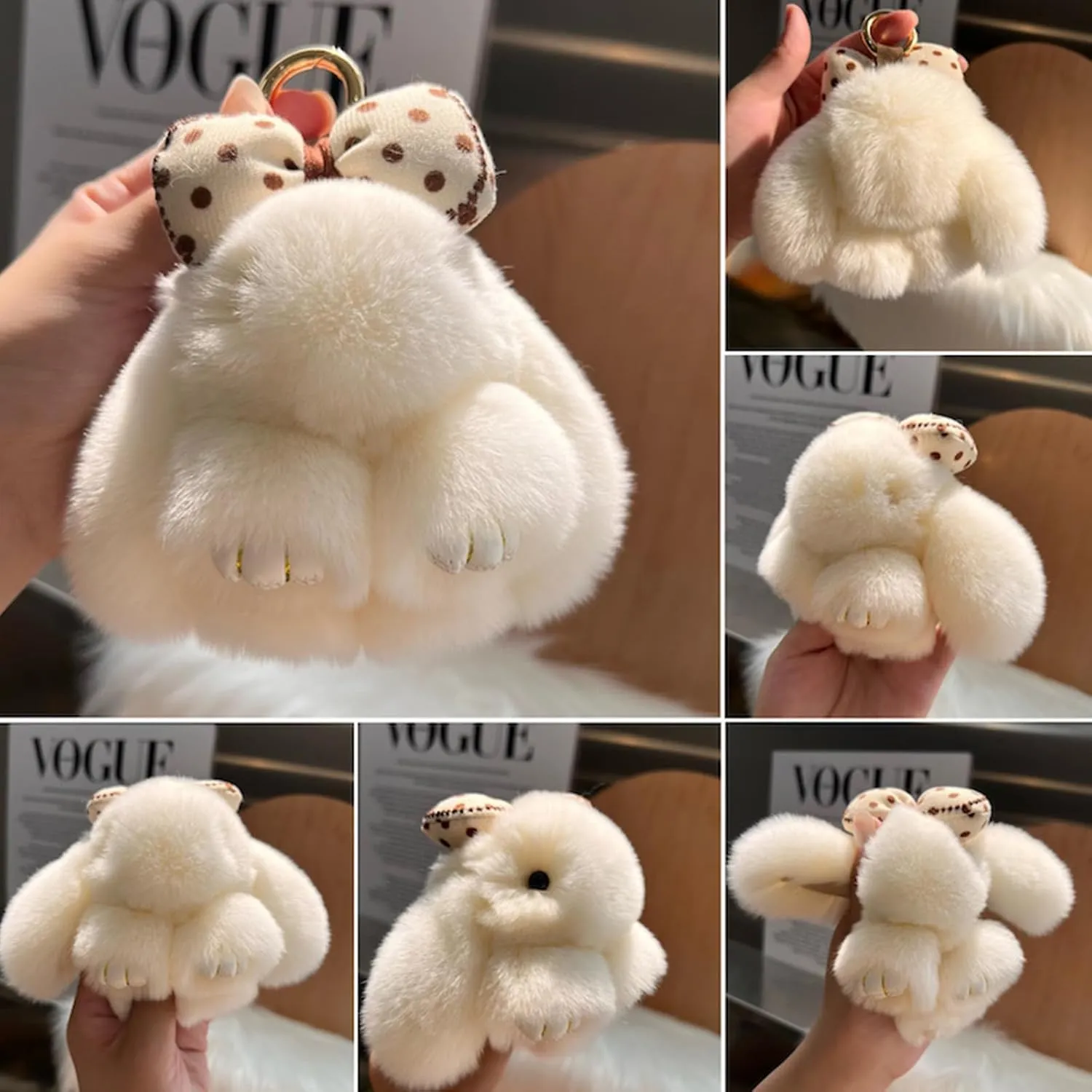 Fluffy Bunny Keychain with Bow Cute Plush Key Rings Soft Pompom Keychain for Women Girls backpack Handbag
