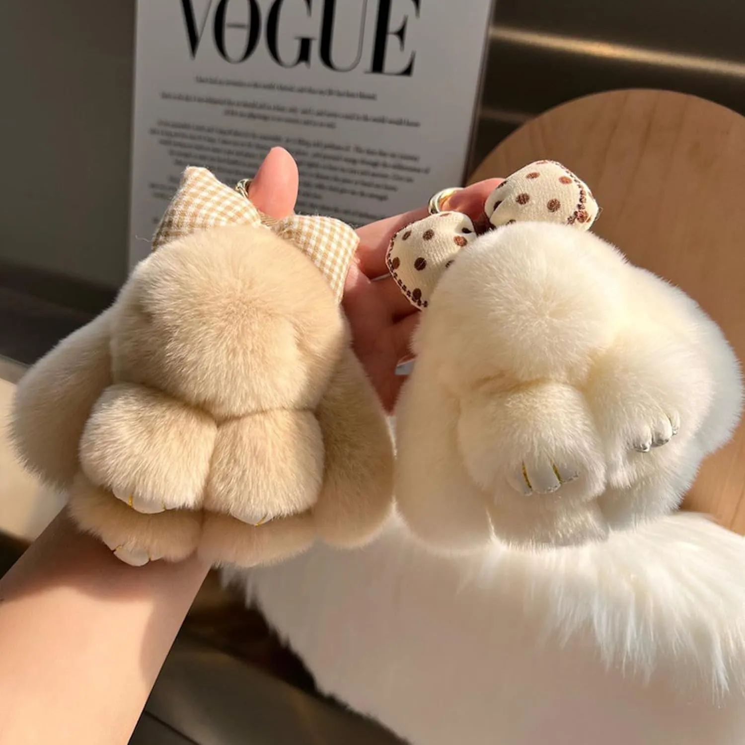 Fluffy Bunny Keychain with Bow Cute Plush Key Rings Soft Pompom Keychain for Women Girls backpack Handbag