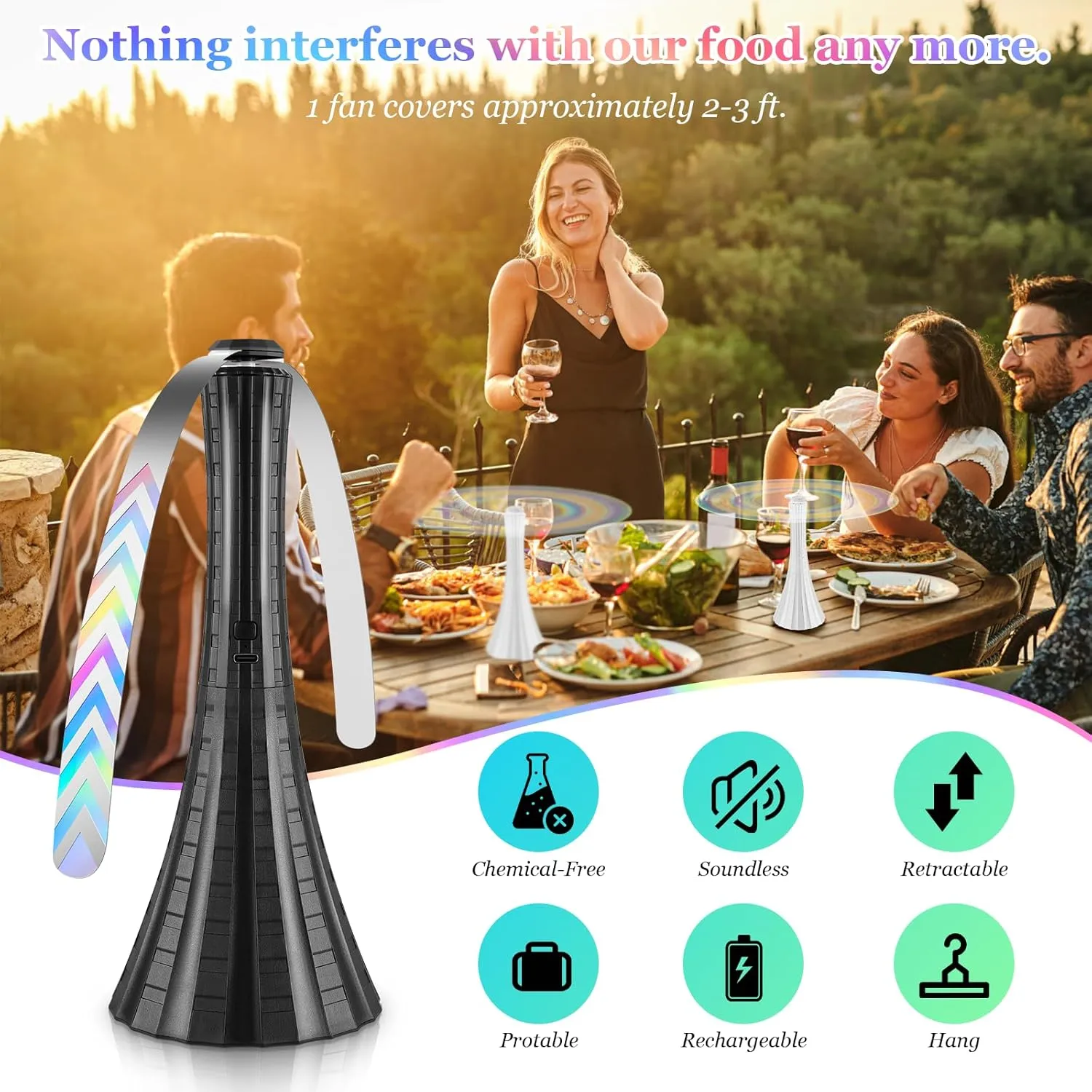 Fly Fans for Tables Rechargeable, 1800mah Table Fans to Keep Flies Away by Soft Blades, Fly Repellent Outdoor Patio, Camping Picnic Essentials, BBQ Party Supplies for Food, 2pcs