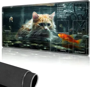for MTG Playmat,Card Playmat Stitched with Magic Zone for MTG Card Game Playing,(35.5x19.7 in) Card Playmats Smooth Cloth Surface Non-Slip Silicone Bottom Battle Game Mat-cat and Fish